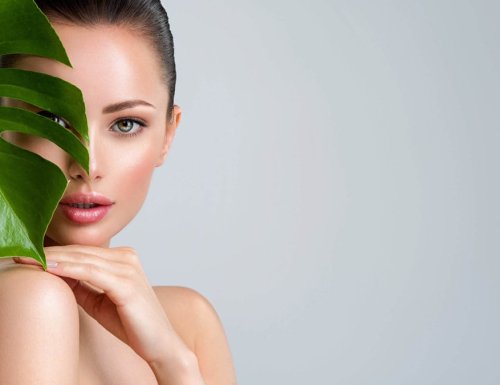 Beautiful woman with green leave near face and body.